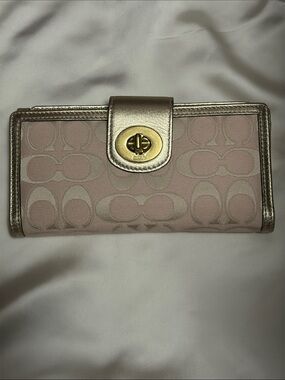 Coach Pink Signature Canvas Wallet with Metallic Trim